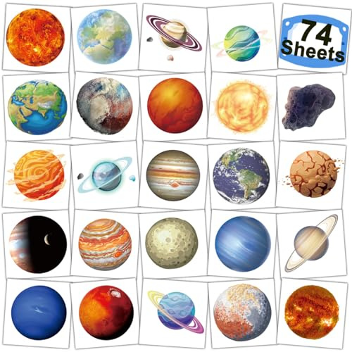 CHARLENT 74 Bögen Weltraum Temporäre Tattoos für Kinder, Planeten | Astronauten- und Planeten Tattoos für Jungen und Mädchen, ideal als Mitgebsel für Geburtstage, Partys und Geschenktüten