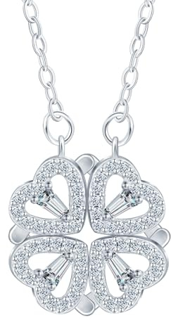 Herz Kleeblatt Magnetisch Damen Halskette, Kette Silber 925 mit Zirkonia Vierblättriges Kleeblatt Anhänger, Elegante Glänzend Glückskette Zwei Tragestile Modeschmuck für Frauen Mama Frau Freundin