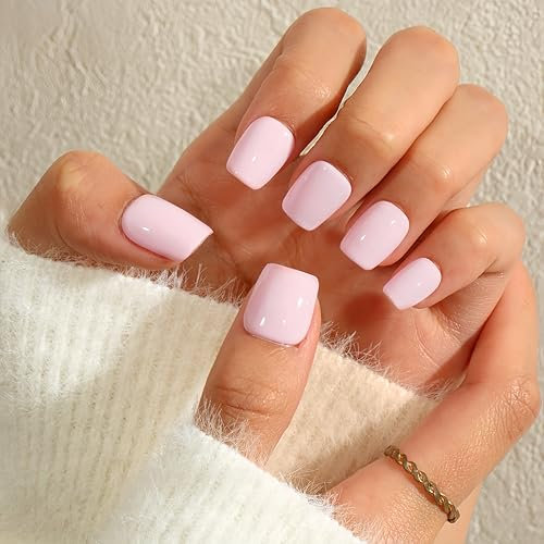 KQueenest Dusty Light Pink Press on Nails Short Square, Short False Nails with Glue, Glossy Solid Pastel Pink Fake Nails Set, Natural Fit, Reusable Small Gel Stick on Nail for Women Decoration 24 Pcs