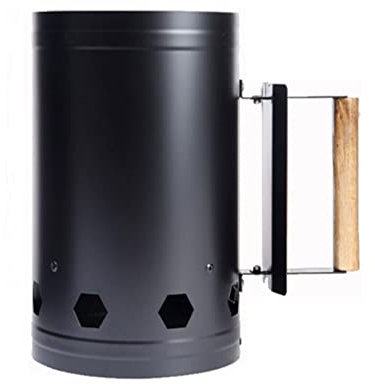 Fire Starter Chimney to Use for BBQ Grill, Steel Starter with Wooden Handle, Accessory for the Outdoor Fire Bucket (Black)