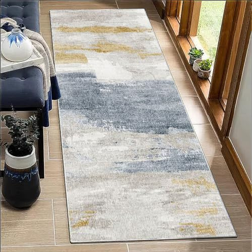 BORKOY Korridor Teppich Flur Läufer Grau Abstract 40x150cm Küchenteppich Waschbar rutschfest Modern Meterware Teppichläufer Lang für Schlafzimmer Wohnzimmer Anpassbare Länge 40-120cm