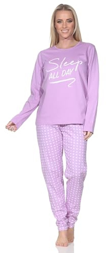 Normann Damen Schlafanzug Langarm Pyjama mit Gepunkteter Pyjamahose und mit Frontprint