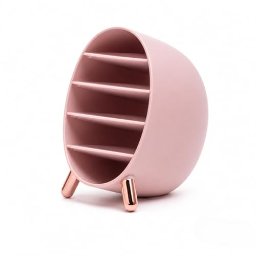 HI BEAUTY! Organizer Porta Trucchi Ovale con 5 Ripiani Estraibili – Porta Rossetti Matite e Pennelli – Design Rosa Cipria con Piedini Oro – 14 x 10,5 x 14 cm