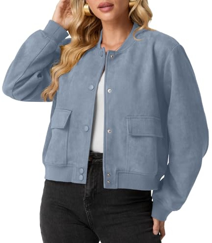 GRECERELLE Womens Bomber Jacket Long Sleeve Crop Casual Smart Biker Vintage Classic Work Shacket Coat for Ladies with Snap Buttons, Two Pockets, Elastic Cuffs and Hem