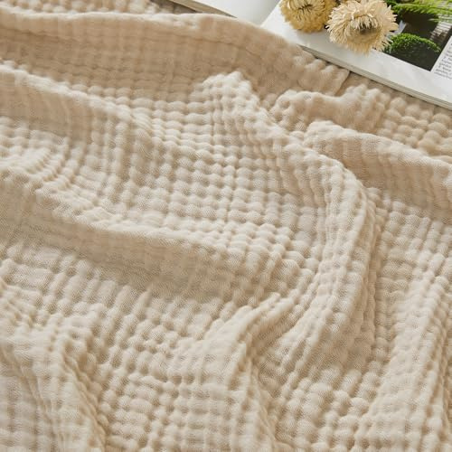 EMME Musselin Decke 230x230 Baumwolle Oeko-TEX Melange Beige Kuscheldecke | 4-Lagig Aus Zweifarbigem Garn – Weiche Tagesdecke Für Erwachsene, Atmungsaktiv Und Vorgewaschen, Ganzjährig Für Bettdecke