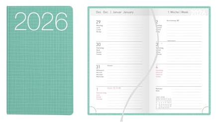 Idena 12044 - Taschenkalender 2026, Ladytimer im Format 8,7 x 15,3 cm, 1 Woche auf 2 Seiten, Terminplaner mit Flexicover-Einband in Türkis, Leseband und Eckperforation