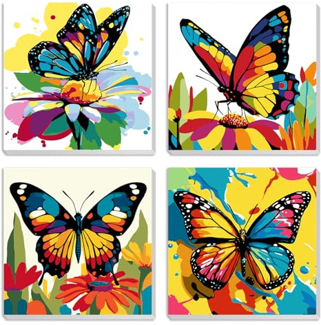 MXJSUA Papillons Colorés Lot De 4 Kits De Peinture Par Numéros Avec Cadre pour Enfants et Adultes, Peintures À L’Huile Acryliques pour Enfants Débutants four Décoration Maison 20x20cm