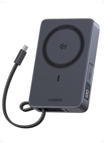 UGREEN Magflow Qi2 25W Power Bank Magsafe 10000mAh USB C PD 30W (Gris) | Batería Externa Magnético Cargador Inalámbrico Carga Rápida con Ecran Digital Compatible con iPhone 17 16 15 14 13 12