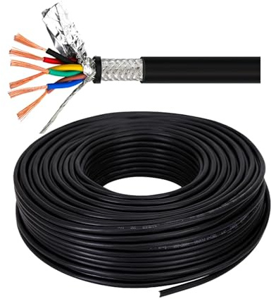 Shielded Cable, 6 Core 14-20 AWG RVVSP Shielded Copper Cable Black(60ft,0.5mm²)