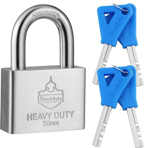 Sharkbyte [Never Rust] Heavy Duty 50mm Stainless Steel Waterproof Outdoor Padlock with 4 Keys, Hardened Body & Mechanism, Weatherproof Lock for Container, Gate, Shed, Garage, Warehouse, Locker etc