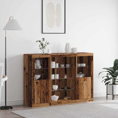 Runheo LED-Sideboard Altholz 142,5x37x100 cm, Holzwerkstoff, mit RGB-Beleuchtung, Vitrine, Schrank für Wohnzimmer, Esszimmer