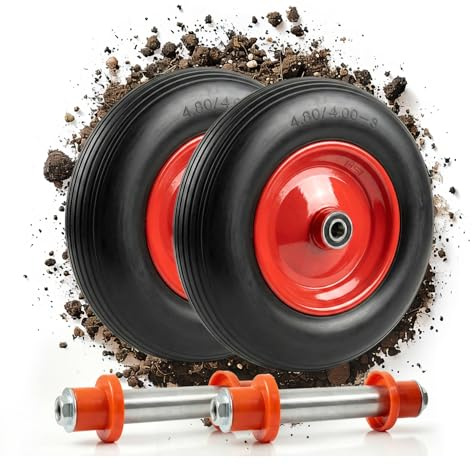 Tergato Lot de 2 roues de brouette anti-crevaison avec 2 essieux (130 mm) de la marque Tergato - Charge totale : 300 kg - Pneus en caoutchouc PU de 400 mm non crevables - Jante en acier rouge