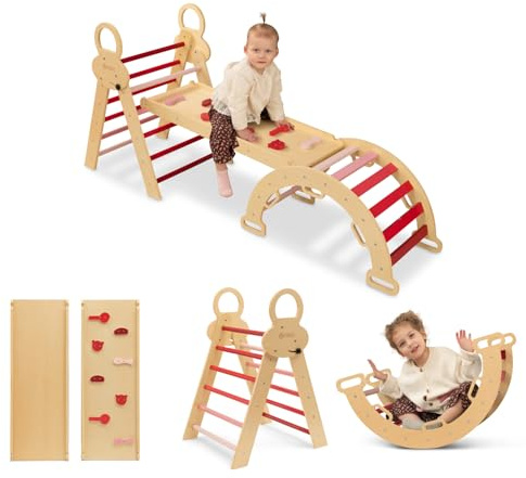 FINOOS Montessori Indoor Spielset: 7-in-1 Klettergerüst mit Rutsche & Bogen für Kleinkinder und Kinder, doppelseitige Rampe, Kletterdreieck, Kletterbogen (1-3 Jahre) (Rosa)