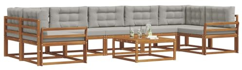 vidaXL Outdoor-Sofagarnitur mit Kissen 8 pcs Natürlich und Hellgrau, Ecksofa-Set aus Akazienholz, modernes Gartenmöbel, Flexibles modulares Sitzen für Terrasse und Hinterhof-Lounge, beige Stil
