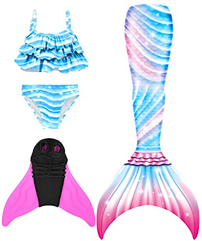 DNFUN meerjungfrauenflosse mädchen Badeanzug - Meerjungfrauenschwanz Schwimmen mit Kinder Meerjungfrau Flosse Bademode mit Bikini Set und Monoflosse Mermaid Tail