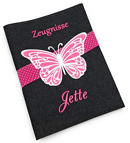 Zeugnismappe mit Namen(A4) incl.zeugniss Hefter Filz Pink schmetterling dunkel