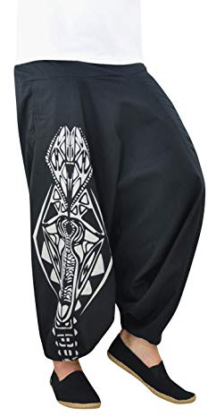 virblatt - Aladinhose Damen | Baumwolle | Goa Hose Haremshose Damen Sommerhose leicht Hippie Hosen Pluderhose - Gürteltier S-M schwarz