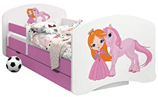 Happy Babies - Doppelseitiges PINK KINDERBETT MIT SCHUBLADE Modernes Design mit sicheren Kanten und Absturzsicherung Schaumstoffmatratze 7 cm (40. Prinzessin und Einhorn, 180x90)