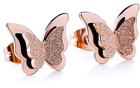 14K Gold Plated Sterling Silver Cute Bee Earrings Studs Butterfly Jewelry for Women Teen Girls Natural Citrine Gemstone Honeybee Animal Earrings Rose gold butterfly