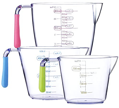Intirilife Lot de 3 gobelets gradués -200 ml, 400 ml, 900 ml- Set de 3 gobelets gradués avec poignée, pichet gradué en plastique avec échelle graduée & bec verseur,pour cuisiner Pâtisserie Mesurer