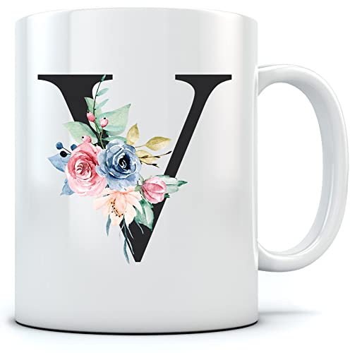 HotScamp Letter V Floral Initial Flowers Watercolour Monogrammed Mug for Tea and Coffee - Florals Pretty Vintage Wedding Monogram Work School WFH Home Office Girl Boss Mum One Size Natural