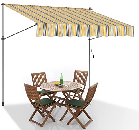 SWANEW Klemmmarkise mit Handkurbel 250cm breit Gelb Blau Balkonmarkise ohne Bohren, UV-beständig 50+ höhenverstellbar Sonnenschutz wasserabweisend, einfache Montage