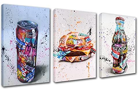Banksy Street Art Decor Bunte Graffiti Bilder Essen Hamburger Gemälde Cola Kunstwerke 3 Paneele Nordics Leinwand Wandkunst Wohnzimmer Zuhause Moderne Dekor Gerahmt Fertig zum Aufhängen Geschenk
