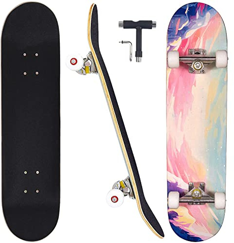 CAPARK Skateboards for Beginners Adults Youths Teens Kids Girls Boys 31 Inch Pro Complete Skate Boards 7 Layer Canadian Maple Double Kick Concave Longboards (Ocean)