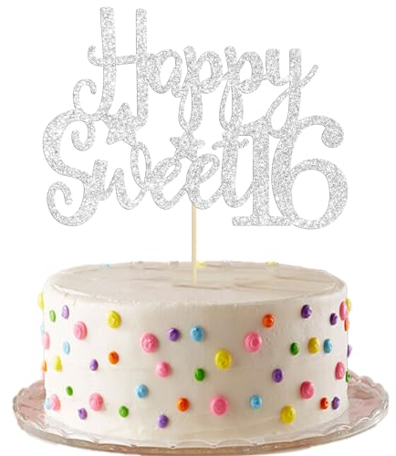 Gyufise 1Pc Happy Sweet 16 Cake Topper Sweet 16 Birthday Decorations Happy 16th Birthday Cake Decorations for Girls/Boys Silver Glitter