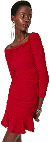 Trendyol Damen Figurbetont Bodycon Rundhalsausschnitt Gestrickt Kleid, Bordeaux, 40 EU