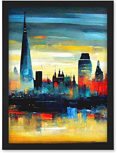 Doppelganger33 LTD London Skyline Reflecting On River Thames Modern Oil Paint Artwork Framed Wall Art Print A4