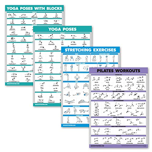4 Stück – Yoga-Block-Posen + Pilates-Übung + Yoga-Posen + Dehnungs-Poster – Set mit vier Fitness-Diagrammen (18 x 24, laminiert)