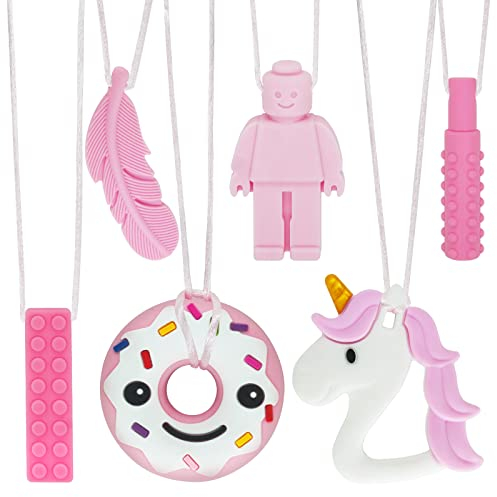 Kaukette für Kinder, 6 Stück Sensory Kauen Halskette, Silikon Beißring für Baby, Autismus Spielzeug für Jungen und Mädchen, Perfekt für Kinder mit ADHS, Zahnen, Beißende, Fingernägel Kauen (Rosa)