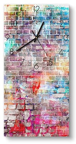 DEQORI Glasuhr | horizontal 30x60 cm | Motiv Ziegelmauer mit Graffiti | große XXL Design Uhr aus Glas | leise Wanduhr für Wohnzimmer & Küche | Moderne Hingucker Uhr für die Wand