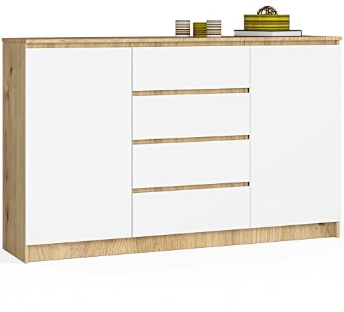 AKORD Kommode K 160 cm | 4 Schubladen und 2 Türen | für Wohnzimmer Schlafzimmer Schrank Wohnzimmer | Modernes Funktionelles Design | 16mm Schichtstoffplatte | Farbe: Artisan Eiche | Weiß