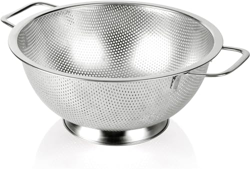 POPGRADE 5 Qt Stainless Steel Colander with Handle, Colander with Solid Base, Stainless Steel Kitchen Strainer for Washing Rice, Pasta and Small Grains