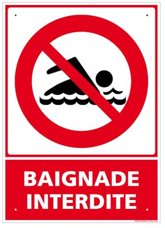 Panneau Baignade Interdite Pvc 1 Mm - 210 X 300 Mm Signalisation Rectangulaire Prépercée Avec Kit De Fixation Fabrication Française