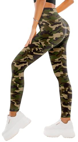SINOPHANT High Waisted Leggings for Women - Full Length Capri Buttery Soft Yoga Pants for Workout Athletic, Green Camo, Large-X-Large
