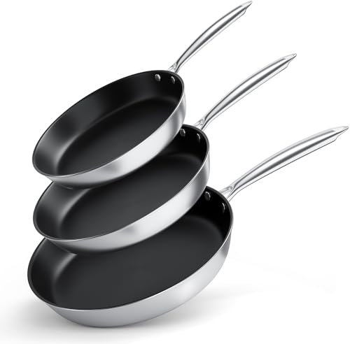 COOKNANO Frying Pans Set of 3 (20 cm + 24 cm + 28 cm), 4-Layer Stainless Steel Non-Stick Pan, Ergonomic Handle, Suitable for All Hobs Including Induction