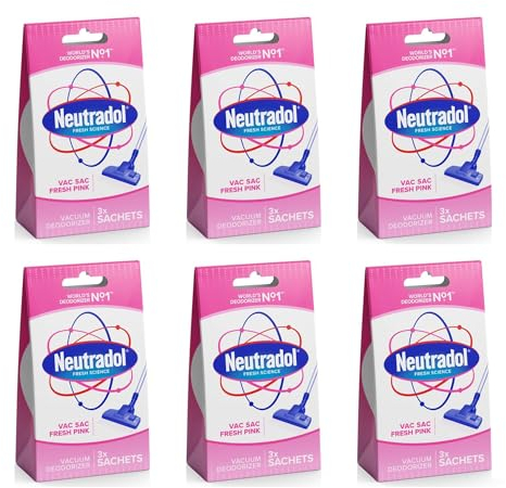 Neutradol Fresh Pink Vac Sacs Deodorizer - Pack of 6 - (Total 18 Sachets) - Vacuum Hoover Air Freshener - Eliminates Odours For Cooking, Smoking, Pet, Waste (Fresh)