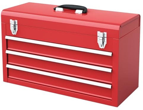 TANGZON 3 Drawer Tool Chest, Lockable Metal Tool Box with Double Latch System, Ball Bearing Slides, EVA Liners & Carrying Handle, Portable Toolbox Tool Storage Cabinet, 52 x 22 x 31cm (Red)