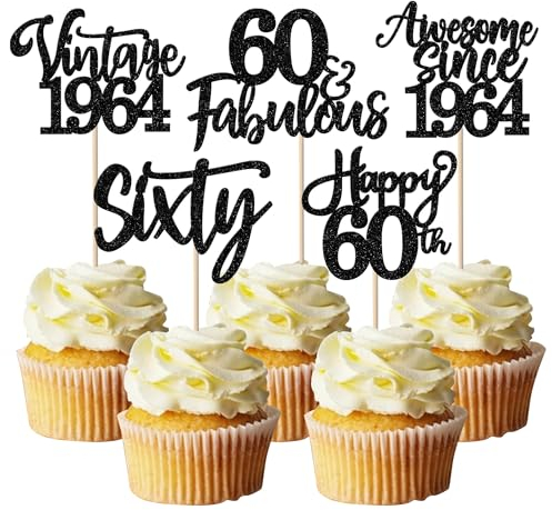 SYKYCTCY 30 Pack Happy 60th Birthday Cupcake Toppers Glitter Vintage 1965 Sixty Awesome Since 1965 Cupcake Picks 60 Fabulous Cake Decorations for 60th Birthday Wedding Anniversary Party Supplies Black