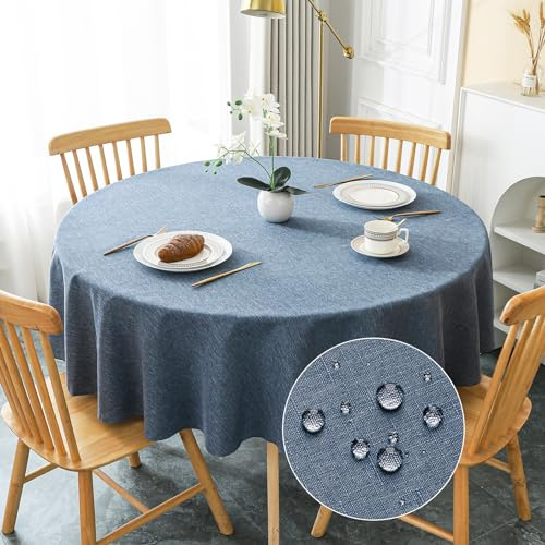 AooHome Tischdecke Rund Φ180cm, Blau Leinen-Optik Tischdecken Abwaschbar Tischtuch aus Polyester Wasserabweisend mit Lotuseffekt, Dauerhaft Kratzfest für Wohnzimmer, Esszimmer, Balkon, Garten