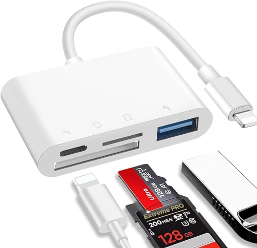 Loydia SD Card Reader for iPhone iPad, 4 in 1 Camera Card Reader, Charging Port, USB Port, TF and Micro SD Card Reader, Memory Card Adapter for iPhone 14/13/12/11/X/XS/XR/8/7 iPad, Plug and Play