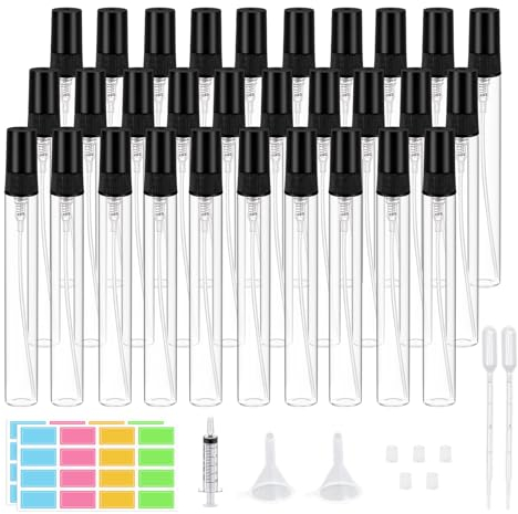 Episkey 30 Stück 10ml Mini Parfümzerstäuber Portable Nachfüllbar Mini Glas Sprühflasche klein Zerstäuber Kleine Sprayflasche für Familie mit Trichter Pipetten und Etikettenaufkleber (schwarz, 10ml)