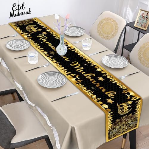Ramadan Mubarak Tischläufer, Schwarz Gold Mubarak Dekorationen für Tisch, Islamische Ramadan Mubarak Tischdecke für Zuhause Esszimmer Muslimisch Ramadan Mubarak Festival Party Feiern, 180 x 35 cm