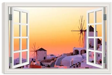 RXNHGJDS Stampa su tela effetto 3D con finestra,Tramonto giallo sul Mar Mediterraneo,Stampa su Tela,Quadro su Tela,il soggiorno,decorazione da parete50x75cm(20x30in) Incorniciato