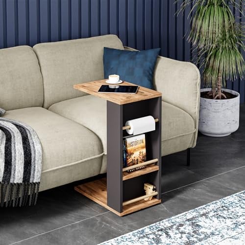 [en.casa] Beistelltisch Siikainen Laptoptisch mit waagerechten Streben 65 x 44 x 29 cm Rolltisch C-Form Wohnzimmertisch rechteckig Ablagetisch Holzoptik/Schwarz