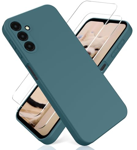 YiKaDa - Coque pour Samsung Galaxy A35 5G, avec [2 Pièces] Protection d'écran en Verre Trempé, Housse Silicone TPU Liquide - Vert Nuit Foncé