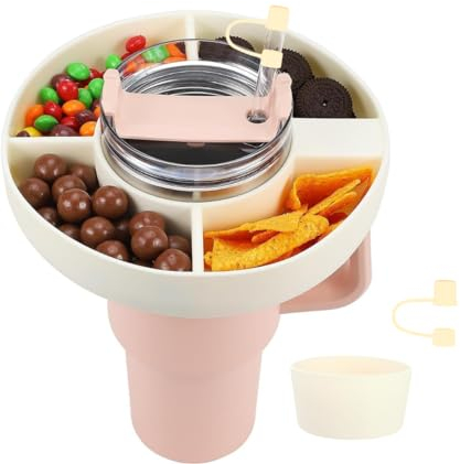 Snack Tray for Stanley Cup 40oz | 4 Silicon Compartments Tray Stanleys Accessories kit, Bottom Grip & Straw Cover Caps, Fits 40 oz Quencher H2.0 Cup - Stanley Compatible Snack Bowl (Cream)